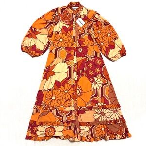 Saint Art sz M Maxi Dress Retro Print Button Down Ruffle Floral